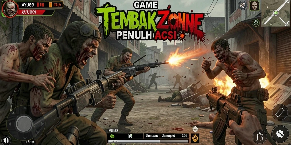 Antarmuka AYU89 menampilkan aksi menembak zombie yang mendebarkan.